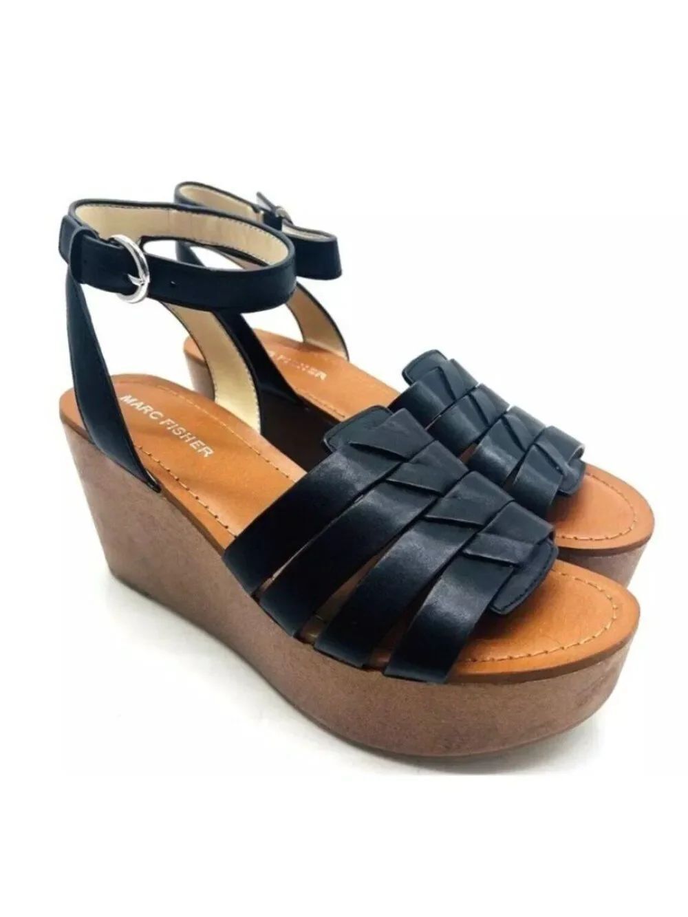Marc Fisher Womens 9 M Black Woven Leather Wedges Ankle Strap Pastya Heels New